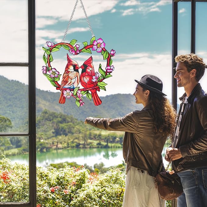 Stained Glass Window Hanging Cardinal Suncatcher,velaboll 10 inch Cardinal Decor for Home Decor, Garden, Patio, Gift for Nature and Bird Lovers