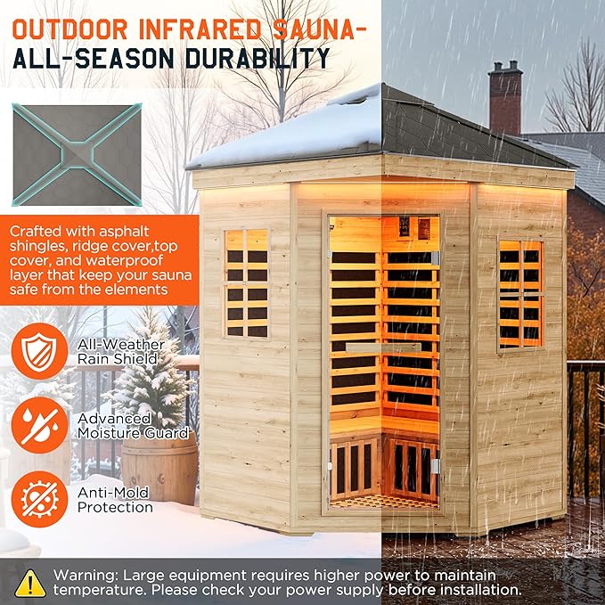 Albott Outdoor Sauna 4 Person, Infrared Saunas for Home, Low EMF 2850W/240V Spruce Wood Dry Sauna with Tourmaline Stone Foot Warmer, 7-Color Light Therapy & 2 Bluetooth Speakers, 59.1"x59.1"x98.4"