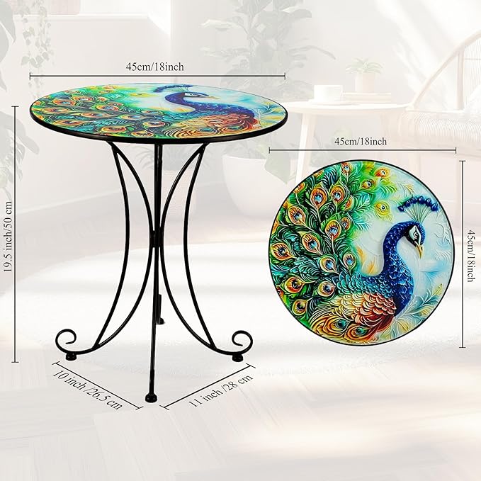 18 Inch Outdoor Side Table, Peacock Metal Accent Table, Indoor Small Round End Tables, Plant Stand Tables for Outside Yard Balcony Garden Bedside