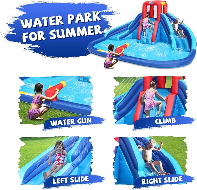 Action Air Water Slide, Inflatable Waterslide with Large Pool, Blue Bounce House with Double Slide and Climbing Wall
