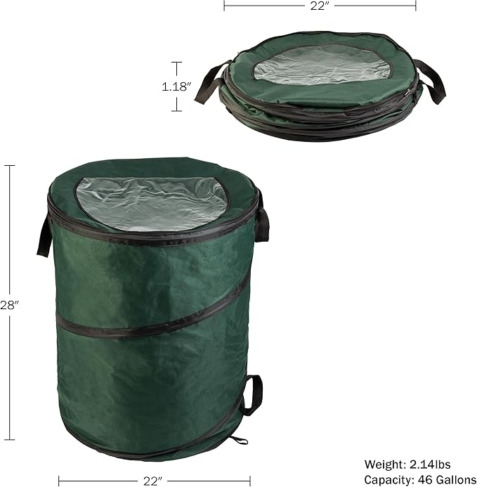 Wakeman Outdoor Trash Can - 46-Gallon Collapsible Garbage Can with 3 Stakes - Pop Up Trash Bin for Camping, Storage, or Yard Waste Outdoors (Green)