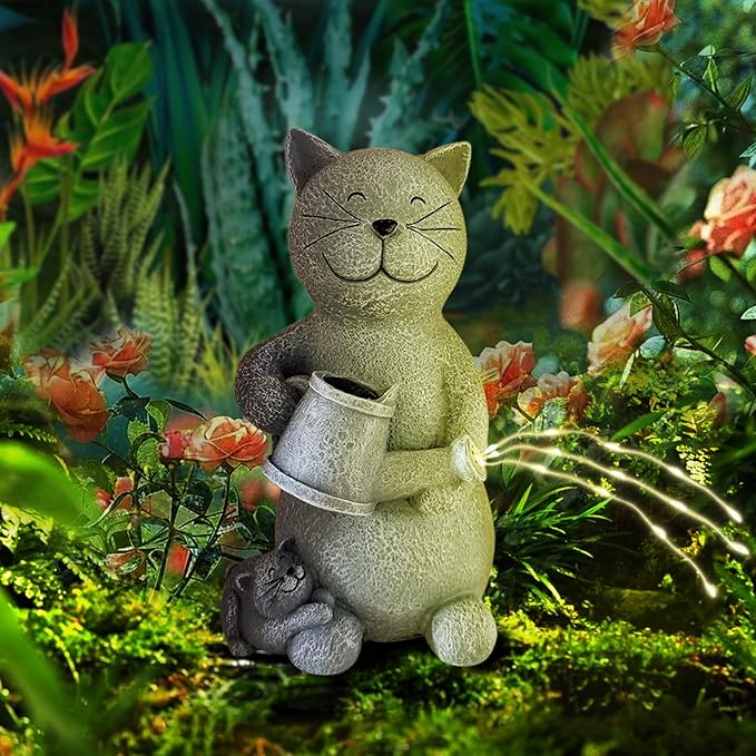 Solar Cat Outdoor Statue and Figurine Lights, Loving Cat for Patio, Balcony, Yard, Lawn-Unique Housewarming Gift for Mom Grandma