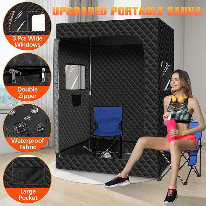 Upgraded 2 Person Portable Sauna, Portable Steam Sauna for Home, Personal Sauna Box Full Body with 1000W 2.6L Steam Generator, 99 Minute Timer, 2 Folding Chairs, Remote Control Included(Black)