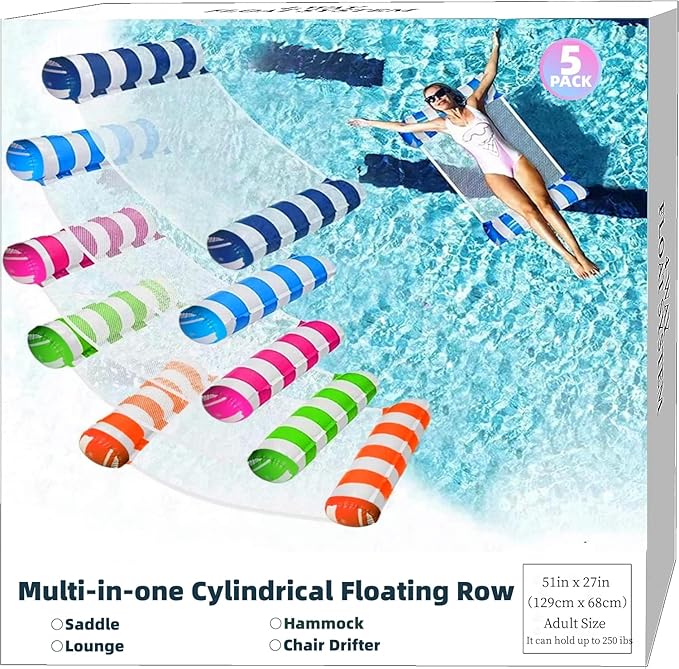 5 Pack Upgrated XL Water Pool Floats, 4-in-1 (Hammock, Saddle, Lounge Chair, Drifter) Multi-Purpose Water Pool Float, Non-Stick PVC Material