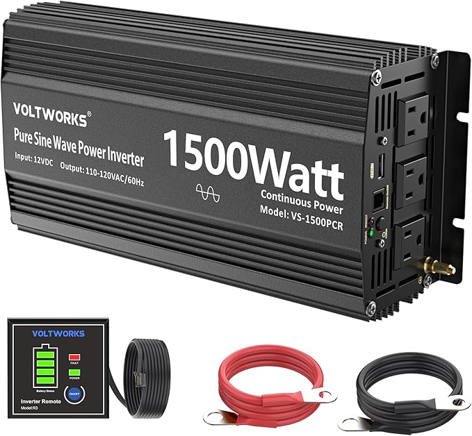 Power Inverter 1500Watt Pure Sine Wave Inverter 12V to 110V 120V AC with UL Fuses Compatible with Lithium Battery for Home RV Truck Off-Grid Solar with 15FT Battery Level Monitor Remote by VOLTWORKS