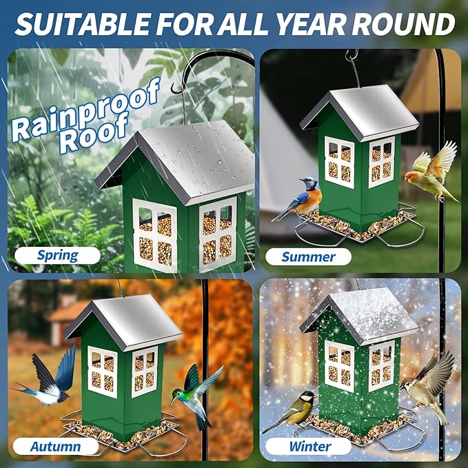 Upgrade All Metal Chew Proof Design Squirrel Proof Bird Feeder Large, 4 Drainage Holes for Easy Cleaning, Outdoor Hanging Window Feeder for Wild Birds