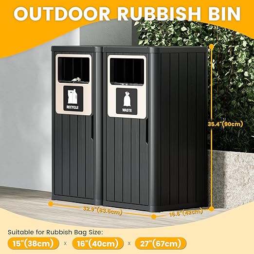 2pcs Outdoor Trash Can Waterproof Resin Garbage Can with Garbage Labels Outdoor Trash Bin for Patio, Garden,Kitchen, Black