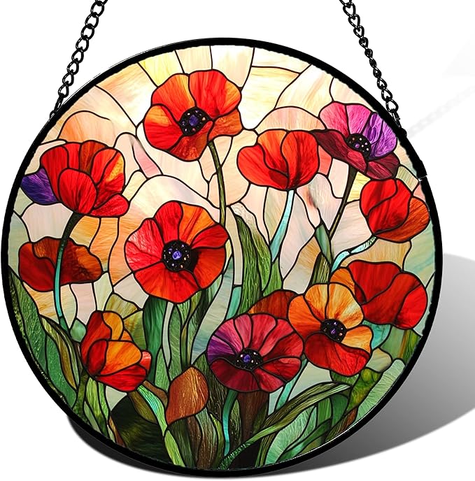 Stained Glass Window Hanging - Poppy Birth Flowers Suncatcher for Door Garden Yard Wildflowers Sun Catchers Decor Christmas Mother's Day Birthday Gifts for Women Mom Nana Friend 6.3 in