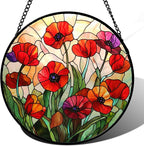 Stained Glass Window Hanging - Poppy Birth Flowers Suncatcher for Door Garden Yard Wildflowers Sun Catchers Decor Christmas Mother's Day Birthday Gifts for Women Mom Nana Friend 9.8 in