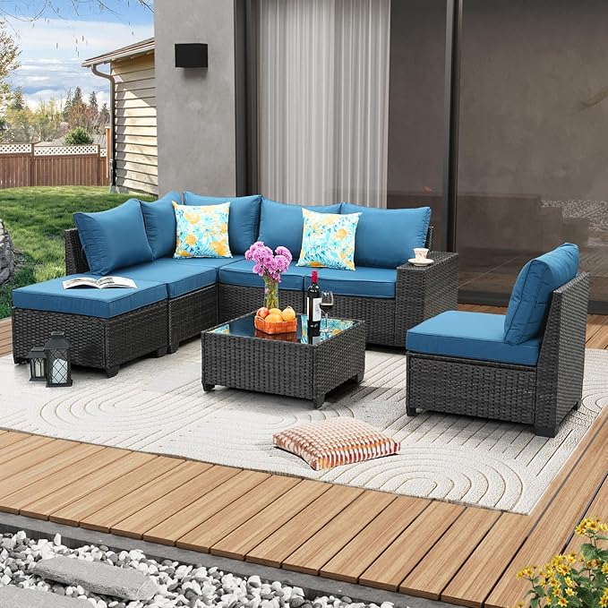7 Pieces Patio Furniture Set All-Weather Outdoor Wicker Sectional Conversation Sofa Rattan Patio Seating Sofa with Cushion and Glass Table for Porch Poolside,Peacock Blue