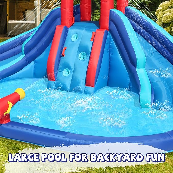 Action Air Water Slide, Inflatable Waterslide with Large Pool, Blue Bounce House with Double Slide and Climbing Wall