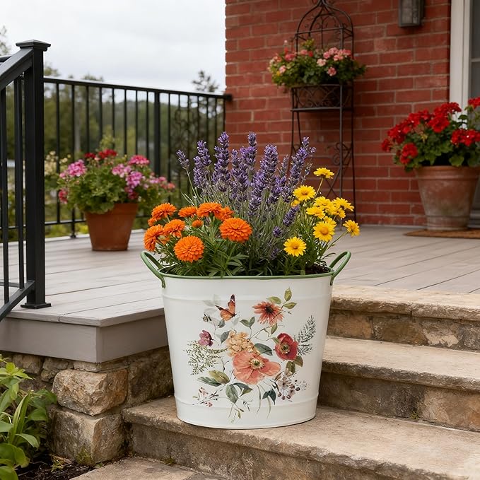 Set of 3 Vintage Floral Butterfly Metal Planter Pots, Decorative Flower Buckets with Handles, Rustic Farmhouse Plant Containers for Indoor Outdoor Gardening, Succulents, Herbs, Home Decor