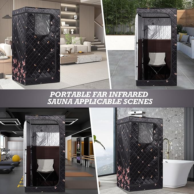 Smartmak Full Size Portable Home Sauna Kit, 1 Person Far Infrared Sauna, Full Body Sauna Tent for Relaxation, with Timer & Temperature Remote Control, Foot Heating Pad,Upgraded Folding Chair - Black