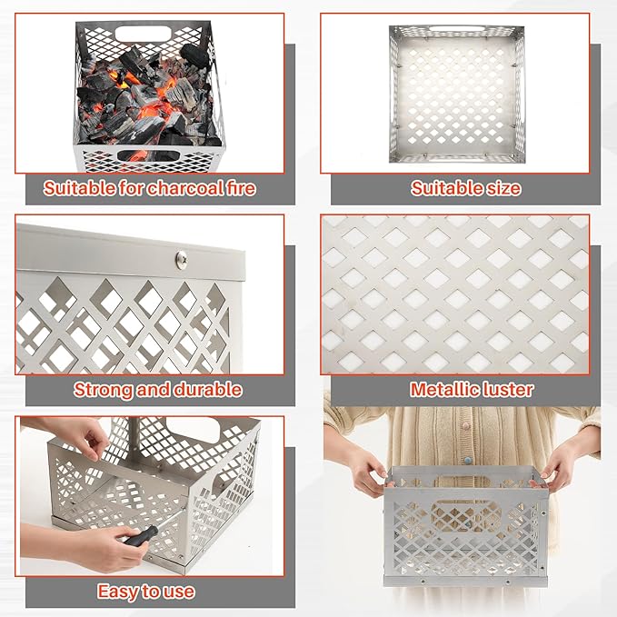 Pasimy 12 x 12 x 7.5'' Charcoal Fire Basket for Offset Smoker, Grill Accessories Stainless Steel Fire Basket for Smoker BBQ Grill Accessories