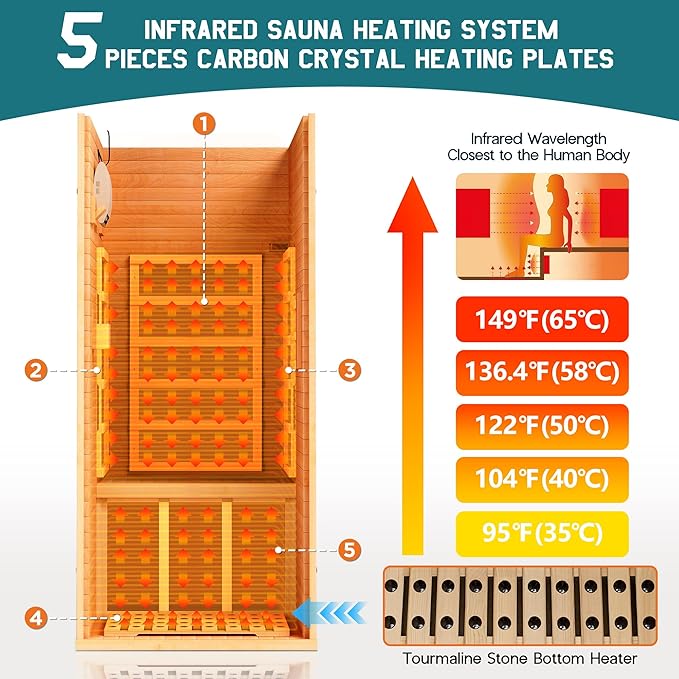 Albott Infrared Sauna 1 Person, Infrared Saunas for Home, 930W/110V Hemlock Wood Dry Sauna with Tourmaline Stone Foot Warmer, 7-Color Light Therapy & 2 Bluetooth Speakers, 27.2"x32.3"x61"