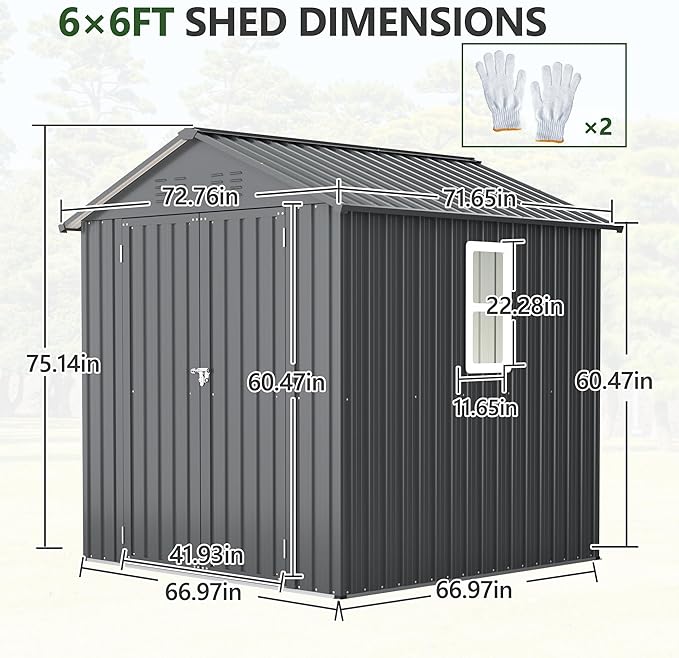 6x6 ft Metal Storage Shed Outdoor,Metal Steel Utility Tool Shed Storage House with Window and Floor Kit for Backyard Garden Patio Lawn Black