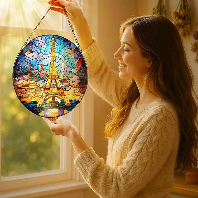 Eiffel Tower Sun Catcher, 8 Inch Stained Glass Suncatcher, Stained Glass Window Hanging, Eiffel Tower Indoor Decor, Idea Gift, Gift Exchange