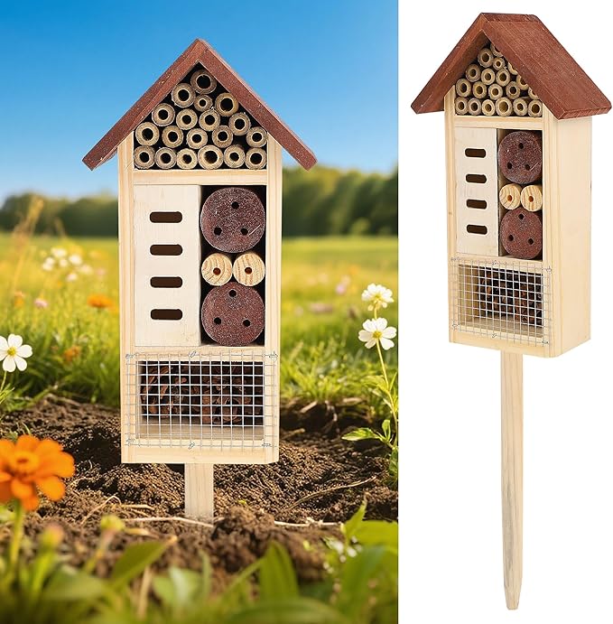 Lulu Home Wooden Insect House with Stake, Hanging & Inserting Two Mount Ways Insect Hotel for Bee, Butterfly, Ladybirds, Beneficial Insect Habitat, Bug Hotel Garden, 19.7 X 3.4 X 5.4 Inch