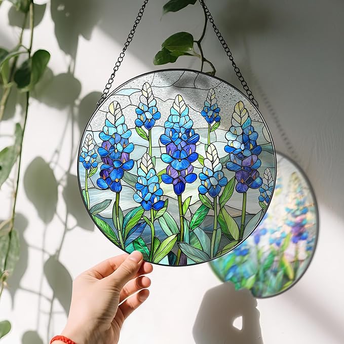 8'' Texas Bluebonnet Sun Catcher Ornament, Stained Glass Window Hanging, Suncatchers for Windows Hanging Ornaments, Window Decor | Flower Lover Gift, Gifts for Mom Grandma