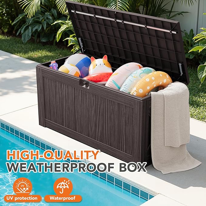 130 Gallon Deck Box Outdoor Indoor Waterproof Storage Box for Patio Furniture, Pool Accessories, Garden Tools, and Cushion Storage, Brown
