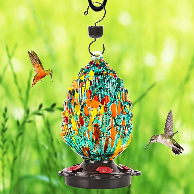 LUJII Pine Cone Shaped Hand Blown Glass Hummingbird Feeder for Outdoors Hanging, Rust Proof & Leak Proof, 25 fl.oz, Unique Gift for Women, Garden & Backyard Decor, Teal