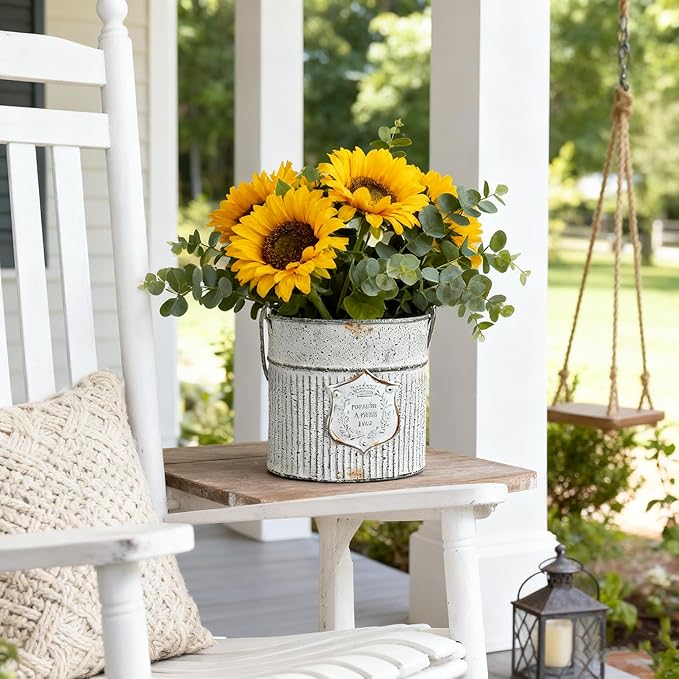 Vintage Galvanized Metal Planter Pots Set of 2, Rustic Farmhouse Flower Pots with Handles, "Potager A Paris 1903" Decorative Planters for Indoor Outdoor Gardening, Succulents, Herbs, Home Decor