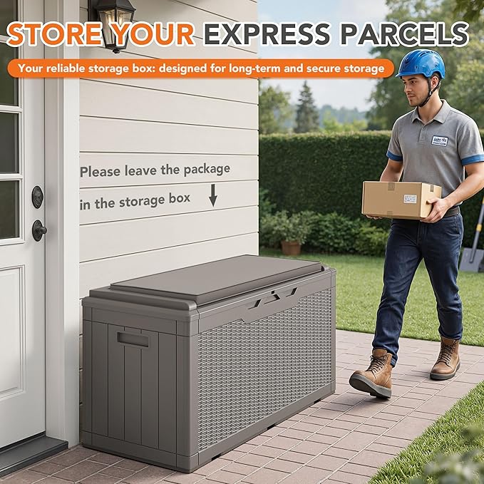 110 Gallon Deck Box Outdoor Indoor Waterproof Storage Box for Patio Furniture, Pool Accessories, Garden Tools, and Cushion Storage, Coffee