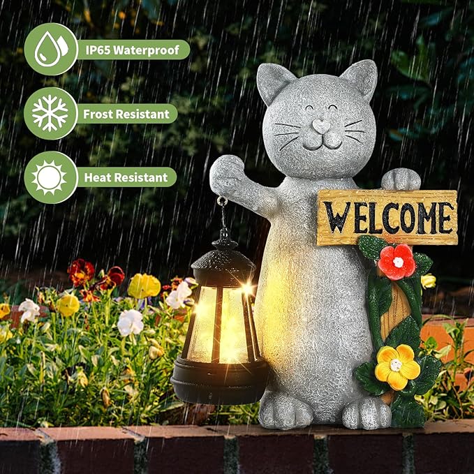 Json Garden Statue Solar Cat Figurine with Lantern, Solar Garden Decorations Statues for Patio, Balcony, Yard Ornament, Unique House Warming Gifts Figurine Lights, Gifts for Women, Mom