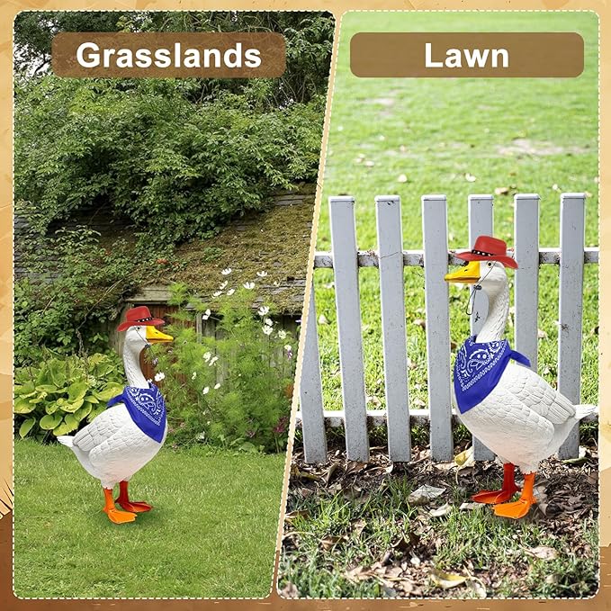 Porch Goose Outfits Western Cowboy Style, Lawn Cement Goose Clothes Outfits for Cement Goose Includes Adjustable Cowboy Hat and Scarf for 23/17″ Outdoor Statue (Blue,Red)
