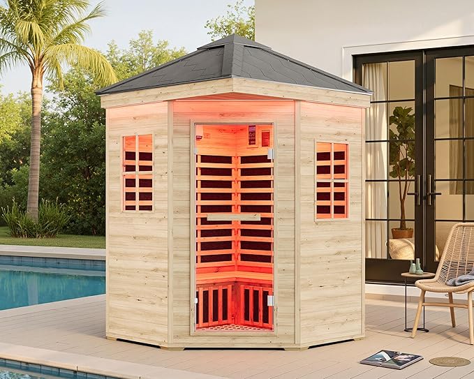 Albott Outdoor Sauna 4 Person, Infrared Saunas for Home, Low EMF 2850W/240V Spruce Wood Dry Sauna with Tourmaline Stone Foot Warmer, 7-Color Light Therapy & 2 Bluetooth Speakers, 59.1"x59.1"x98.4"