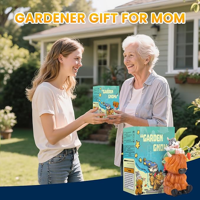 Garden Gnome Statue Highland Cow Gift,Yard Patio Balcony Outdoor Decor Solar Light Figurine, Christmas, Housewarming Gift,Idea Gift for Mom, Neighbor,Gnome Lover