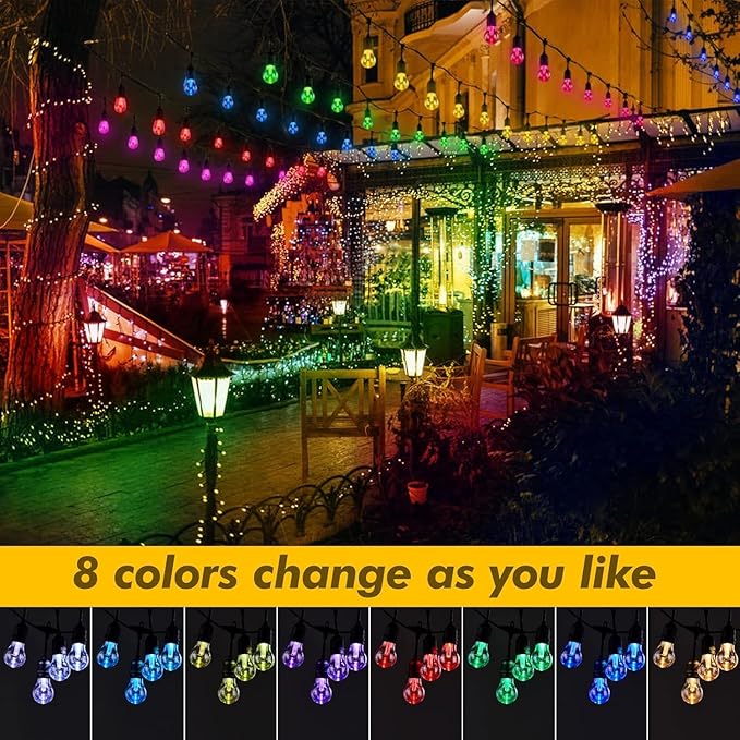 Auroraworld 144FT Solar RGB String Lights Outdoor, Dimmable Waterproof LED Patio Lights with Remote, 45 Shatterproof Edison Bulbs for Garden Cafe Party Decor