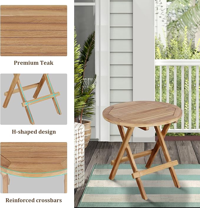 OTSUN Teak Outdoor Side Table,Patio Table with Adjustable Feet, Small Round Side Tables, Elegant Accent Outdoor Tables for Balcony Porch Poolside(Round Tables Folding)