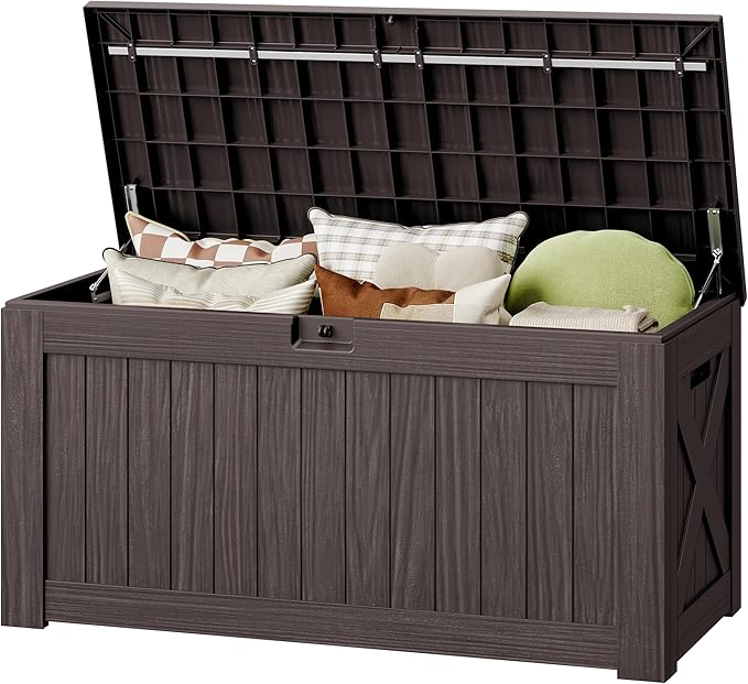 130 Gallon Deck Box Outdoor Indoor Waterproof Storage Box for Patio Furniture, Pool Accessories, Garden Tools, and Cushion Storage, Brown