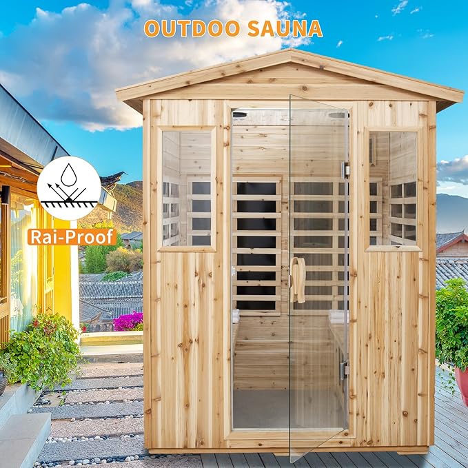 Infrared Sauna Wooden Sauna Room,Outdoor Sauna 4 Person Infrared Saunas for Home,Low Emf Infrared Sauna 2050W 2 Bluetooth Speakers, 2 LED Reading Lamp
