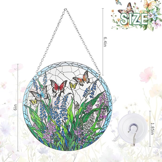Stained Glass Window Hanging, Hand-Painted Butterfly and Flowers Suncatcher, 6 Inch Round Glass Panel Indoor Window Art, Home and Garden Decor, Mother’s Day