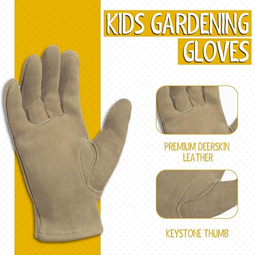 HANDLANDY Kids Genuine Leather Work Gloves for ages 3-11, Children Gardening Gloves for Boys, Girls (Small (for age2-4), 2 pairs)