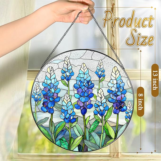 8'' Texas Bluebonnet Sun Catcher Ornament, Stained Glass Window Hanging, Suncatchers for Windows Hanging Ornaments, Window Decor | Flower Lover Gift, Gifts for Mom Grandma