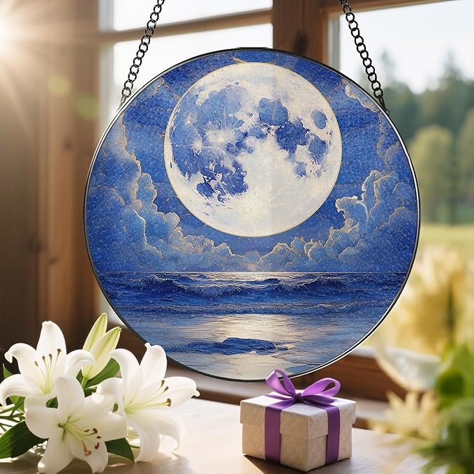 8'' Full Moon Over Ocean Sun Catcher Ornament, Stained Glass Window Hanging, Suncatchers for Windows Hanging Ornaments, Window Decor | Ideal Gift, Mother's Day, Christmas, Birthday Gifts