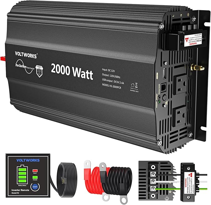 2000 Watt Pure Sine Wave Inverter 12V DC to 110V 120V AC 2000W Power Inverter with UL Fuses and 20A AC Hardwire Terminal Compatible with Lithium Battery for Home RV Truck Off-Grid Solar by VOLTWORKS