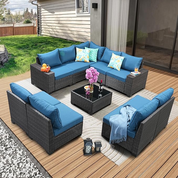 10 Pieces Patio Furniture Set All-Weather Outdoor Wicker Sectional Conversation Sofa Rattan Patio Seating Sofa with Cushion and Glass Table for Porch Poolside,Peacock Blue