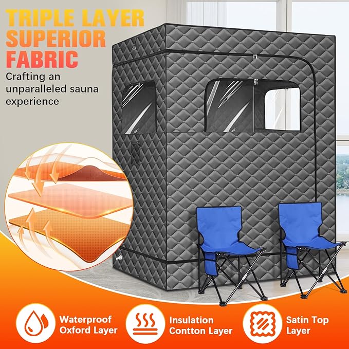 Upgraded 2 Person Portable Sauna, Portable Steam Sauna for Home, Personal Sauna Box Full Body with 1000W 2.6L Steam Generator, 99 Minute Timer, 2 Folding Chairs, Remote Control Included(Grey)