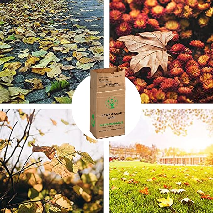 30 Gallon Heavy Duty Brown Paper Lawn and Leaf Bags with 22 GAL Dustpan-Type Bag and Leaf Scoops| 2-Ply Large Kraft Paper Bags (10 Count) | Tear Resistant Yard Waste Bag for Home and Garden