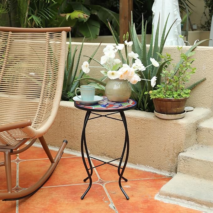MUMTOP Side Patio Tables-Mosaic Outdoor Side Table - 14’’ Symmetrical Pattern Glass Accent Round End Table, Plant Stand Indoor Small Coffee Table for Garden or Living Room Decor