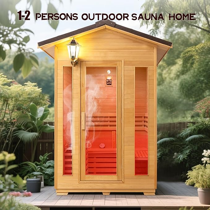 2 Person Outdoor Wooden Sauna Room,Canadian Cedar 220V 6KW Electric Stove Backyard Steam Sauna Kit with Light (Wood Color)