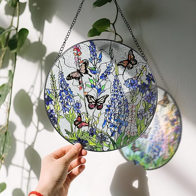 Lavender Monarch Butterfly Stained Glass Suncatcher, 8 Inch Windows Hanging Art, Stained Glass Windows Hanging, Plant Lover Gifts for Women, Gifts for Butterfly Lovers, Idea Gift, Gift Exchange