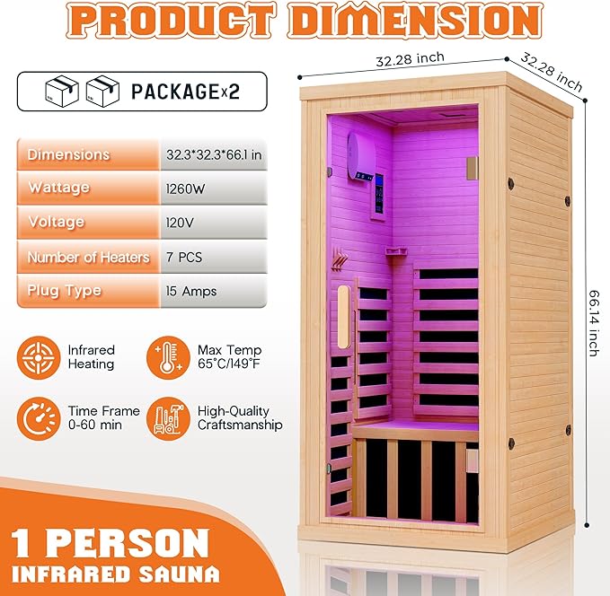 Albott Infrared Sauna 1 Person, Infrared Saunas for Home, 1260W/110V Hemlock Wood Dry Sauna with Foot Warmer, 7-Color Light Therapy, 2 Bluetooth Speakers & LCD Control Panel, 32.3"x32.3"x66.1"