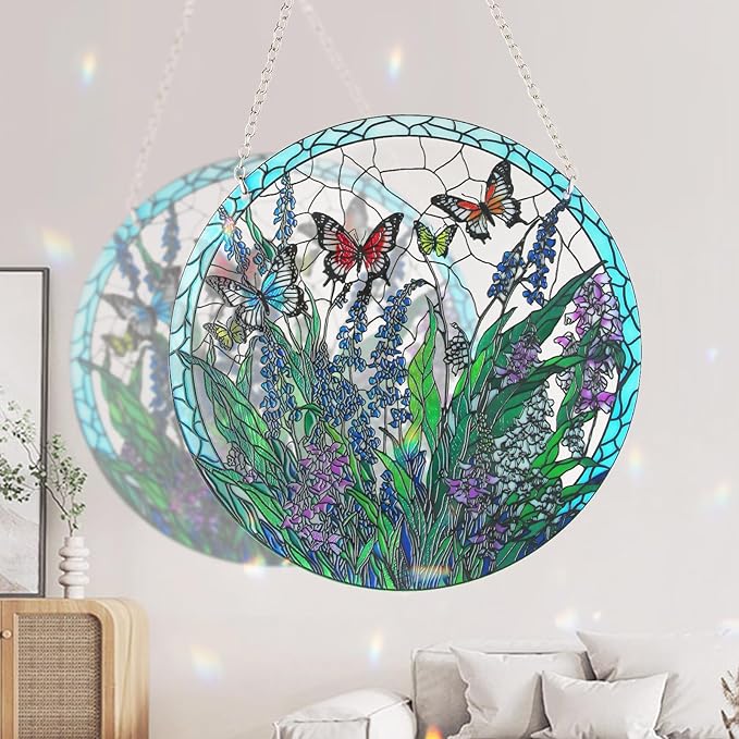 Stained Glass Window Hanging, Hand-Painted Butterfly and Flowers Suncatcher, 6 Inch Round Glass Panel Indoor Window Art, Home and Garden Decor, Mother’s Day