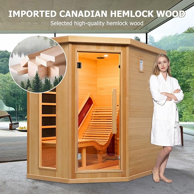 Smartmak Far Infrared Single Recliner Wooden Sauna,Home Indoor Canadian Hemlock Wooden Sauna,with 6 Heaters,Oxygen Bar,LED Controller,Bluetooth,Color Therapy Light(220V, 2300W)