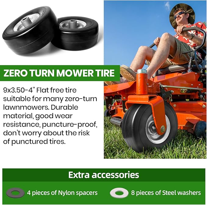 (4-Pack) 9x3.50-4” Flat Free Lawnmower Tire with 4" Centered Hub, 3/4" Bushings and Wheel Assemblies - PU Tire on Wheel and Adapter Kits